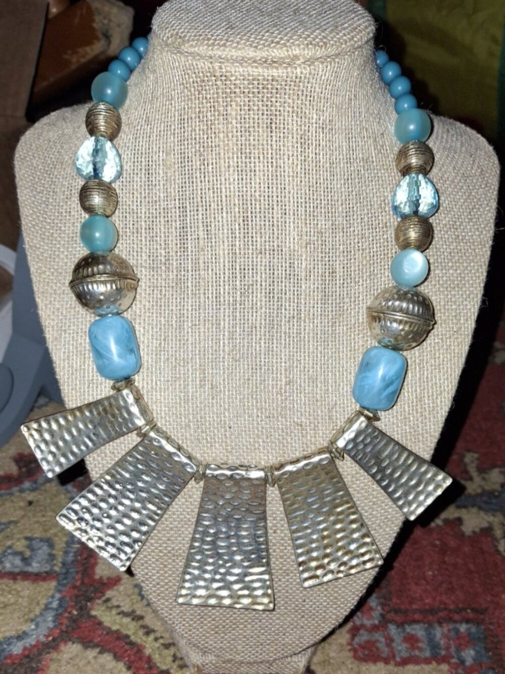VCLM Silvertone & Blue Egyptian Style Necklace Unsigned tribal statement
